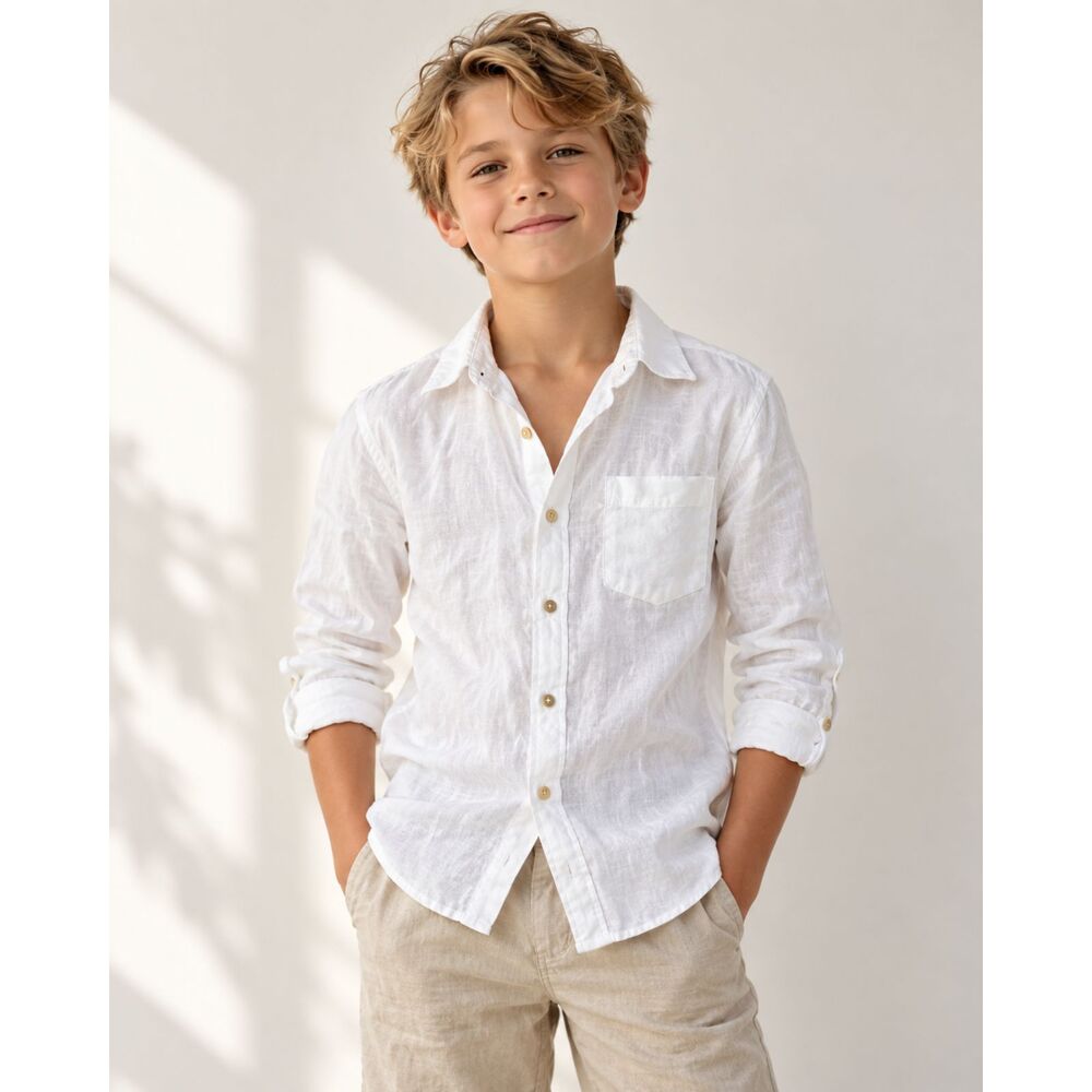 Little Linens 100% Linen Boys White Button Down Shirt 10-11Y 146 cm Long Sleeve